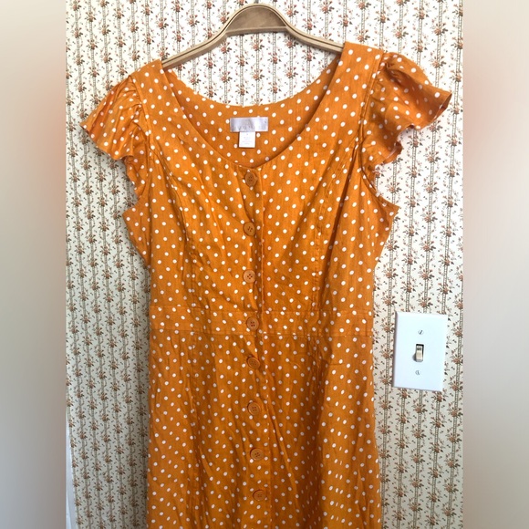 Rachel Parcell Linen Button-Down Polkadot Ruffle Midi Dress | Small - Picture 3 of 5